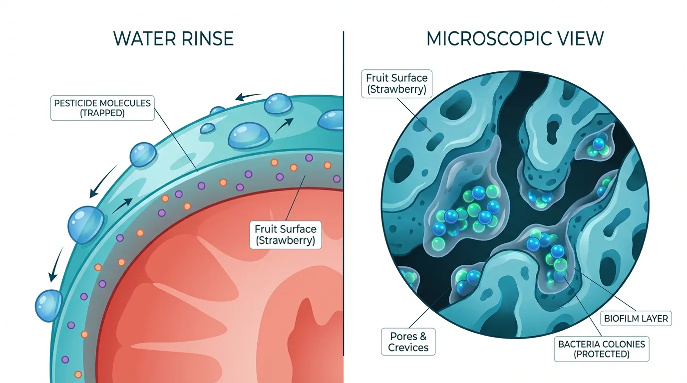 Comparison of a water rinse beading off a strawberry's waxy surface with a microscopic view showing bacterial biofilm colonies protected inside the fruit's pores and crevices.