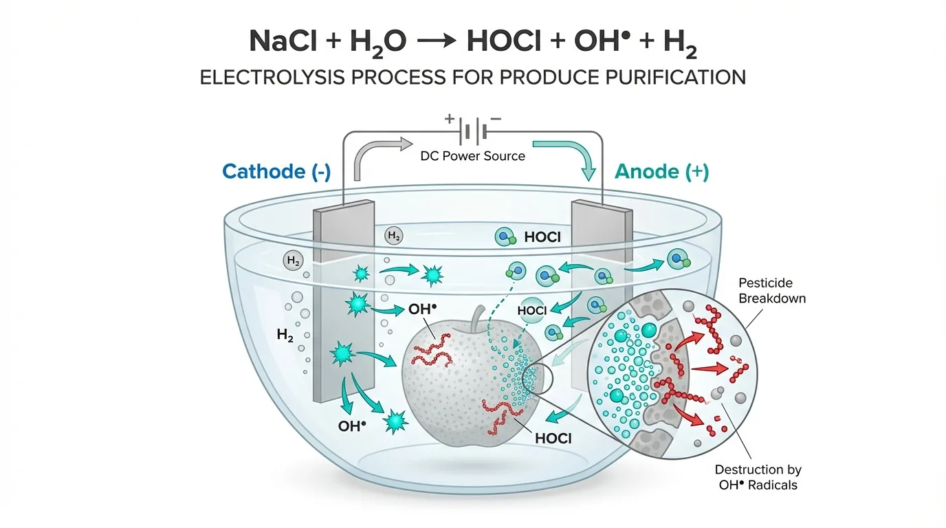 Diagram of the electrolysis process for produce purification: NaCl plus H2O yields HOCl, OH radicals and H2, showing a DC power source driving reactions at a cathode and anode that break down pesticide residue on produce submerged in the solution.